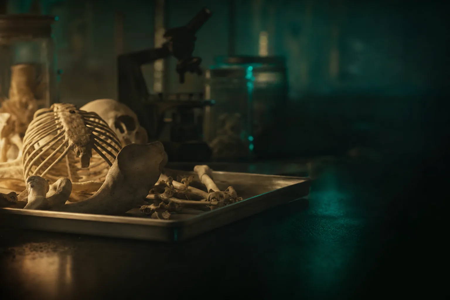 Bancada de laboratório de anatomia sob luz baixa: caixa torácica e crânio numa bandeja metálica, microscópio e frascos de vidro ao fundo